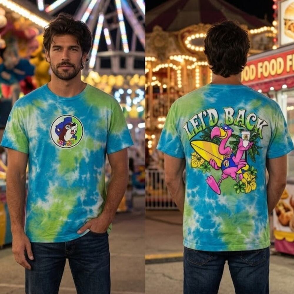 Bucees Leid Back Flamingo Shirt Mens Medium 40 Tie Dye Graphic Tee Beaver